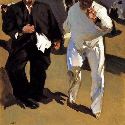 Prompt: two strongmen in love, one white one black, painted by Joaquín Sorolla