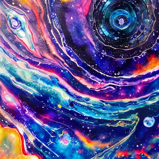 Image similar to Liminal space in outer space, acrylic paint pour, eye-catching, watercolor, marbling, very detailed