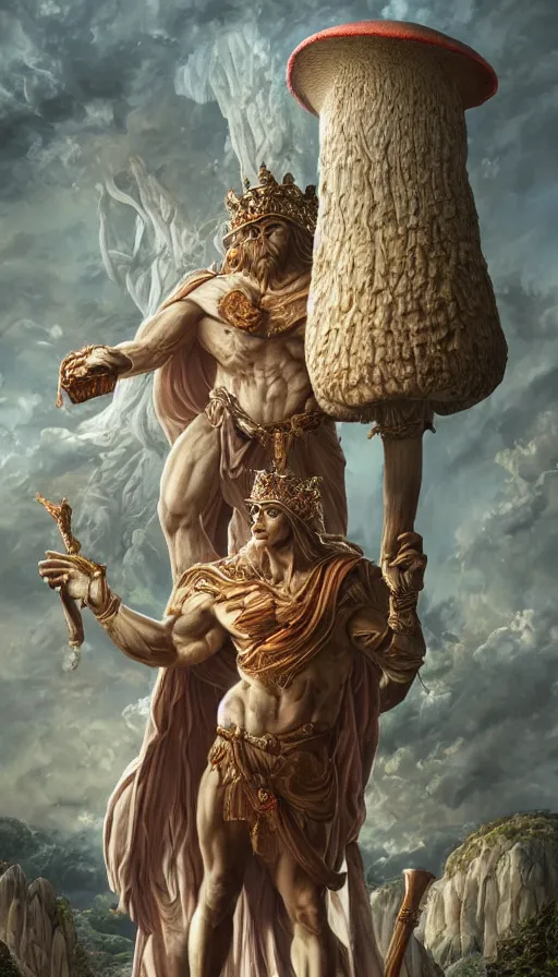 Image similar to a masterpiece hyperdetailed dnd tarot card, magnificent mushroom deity as depicted in a colossal greek marble statue ( with godlike bodybuilder physique ), hd tarot card depicting monumental statue of a mushroom god with cute large mushroom hat, hdr, 8 k, artstationhq, digital art by greg rutkowski and wayne barlowe