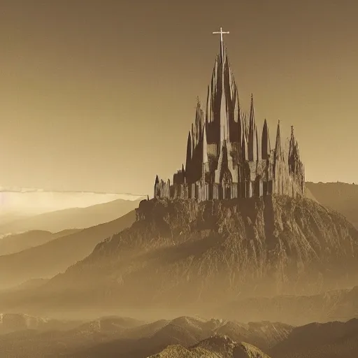 Image similar to a large cathedral on a mountain. other worldly, dream like, surreal, grainy.