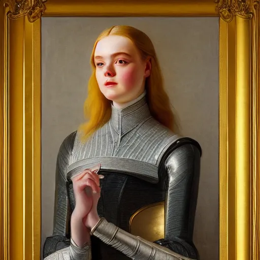 Image similar to Elle Fanning as an Android, oil on canvas, golden hour, artstation, by J. C. Leyendecker and Peter Paul Rubens,