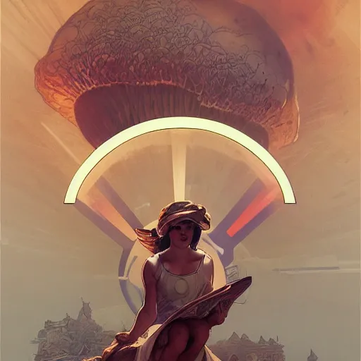 Image similar to a mushroom cloud merging into the shape of a peace sign, art by artgerm and greg rutkowski and alphonse mucha highly detailed, dieselpunk, high quality, 8 k, soft lighting, realistic face, path traced