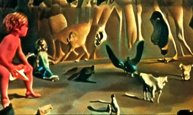 Image similar to full - color cinematic movie still from a 1 9 6 8 surreal film directed by salvador dali about children visiting a zoo. bizarre ; dream - like.