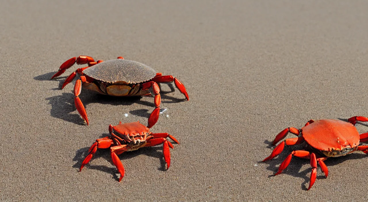 Image similar to a realistic image of a crab with a hat on it's head, ultra high detail, the crab is on sand on a beach with ocean in the background, 8 k.