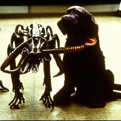 Image similar to xenomorph with a dead dog in its mouth. 1980s big budget movie.