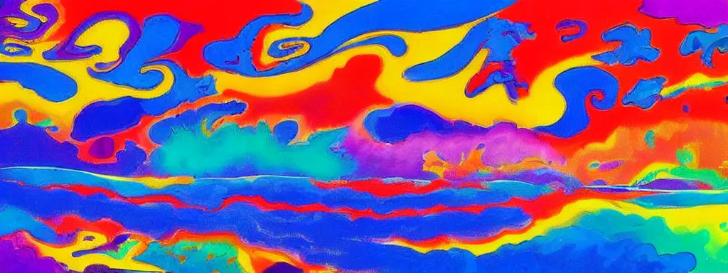 Image similar to Psychedelic sci-fi dreamworld. Landscape painting. Organic. Winding rushing water. Waves. Clouds. Peter Max.