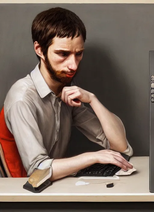 Image similar to insanely detailed portrait of a sleepy - looking programmer guy in front of his ultrawide monitor begging for forgiveness, oil on canvas, masterwork, fine detail, trending on artstation, emotive, insanely compelling, ryden, koons, moebius