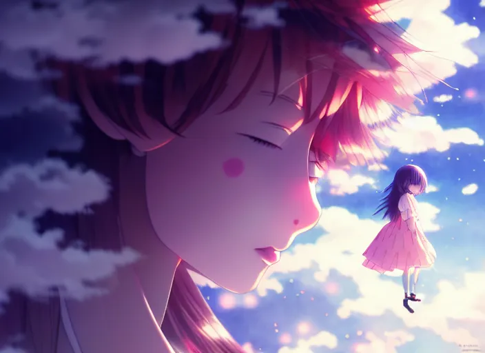 Image similar to anime a young a girl floating inside clouds,ink, Karolis Strautniekas,omoide emanon, tsuruta kenji, murata range,kawaii, kyoto animation, manga, intricate, detailed, studio lighting, gradation,editorial illustration, matte print, Ilya Kuvshinov