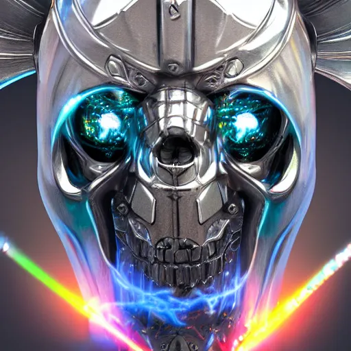 Prompt: high fantasy 1 9 8 0's wargame airbrushed artwork - inspired octane render, a giant silver reflective chrome android wearing a mask shaped like an intricately carved beautiful human skull with glowing laser eyes, golden giant battle armor, inside a futuristic army base