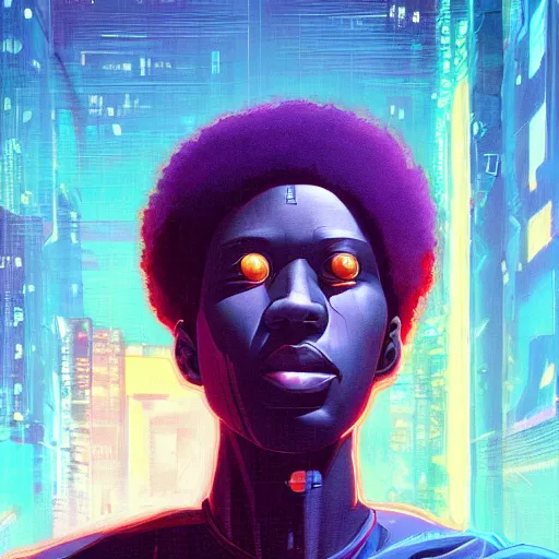 Image similar to bald afro - cyberpunk man manifesting dreams with ancestral magic in a modern world | hyperrealistic oil painting | by makoto shinkai, ilya kuvshinov, lois van baarle, rossdraws, basquiat | afrofuturism, in the style of surrealism, trending on artstation | dark color scheme