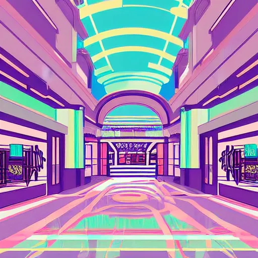 Image similar to art deco vaporwave illustration of a mall atrium in pastel colors