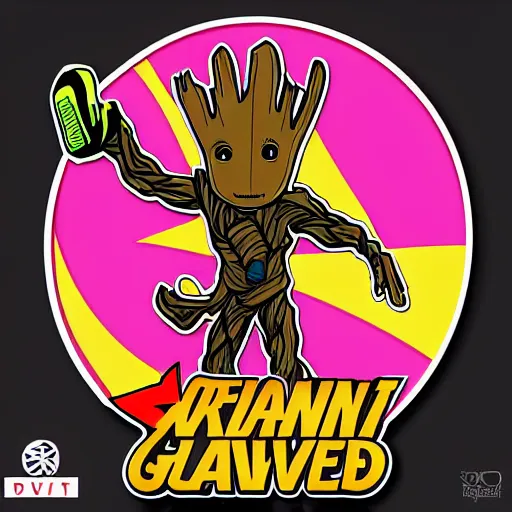 Image similar to svg sticker of a Pop-Wonder Groot-Marvel-Avenger at a rave, spinning records, giant headphones rocking out, wearing headphones, huge speakers, dancing, rave, DJ, spinning records, digital art, amazing composition, rule-of-thirds, award-winning, trending on artstation, featured on deviantart