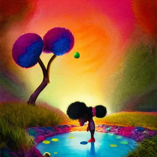 Image similar to a black girl with a colorful afro and rainbow eyes discovering a lush desert oasis with a glowing reflective pond and fireflies at sunset, bright colours, watercolor, volumetric wool felting, macro photography, children illustration, by goro fujita