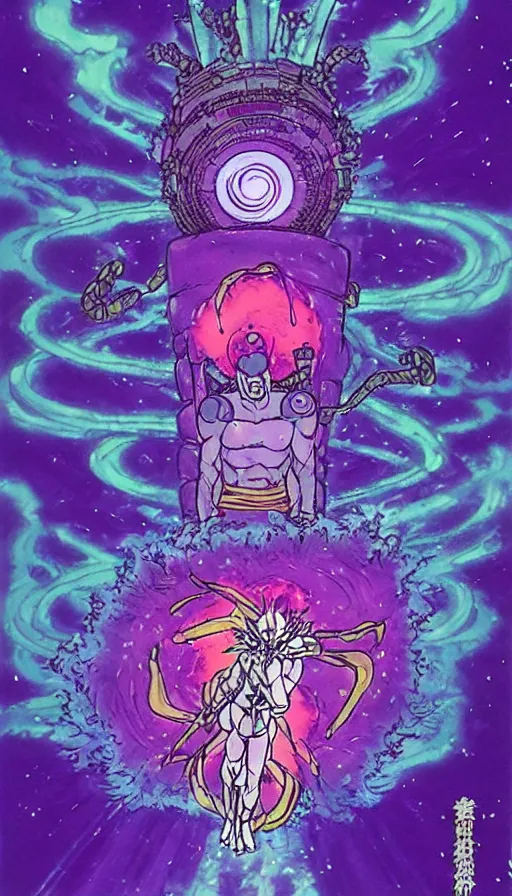 Prompt: a future scifi ancient god on the middle of a purple forest holding a portal that's about to explode, illustration, art by Akira Toriyama