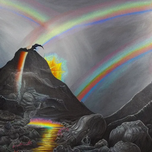 Image similar to highly detailed oil painting of a rainbow hotspring within dark grey cavern, black dragon sitting in the middle