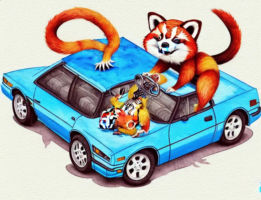 Image similar to cute and funny, redpanda riding in a tiny 1 9 8 7 chevy camaro, ratfink style by ed roth, centered award winning watercolor pen illustration, isometric illustration by chihiro iwasaki, edited by range murata, tiny details by artgerm and watercolor girl, symmetrically isometrically centered