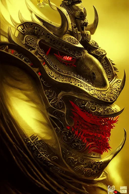 Image similar to demon samurai mask, close - up portrait, intricate, elegant, volumetric lighting, scenery, digital painting, highly detailed, artstation, sharp focus, illustration, concept art, luis rollo, ruan jia, steve mccurry, john berkey