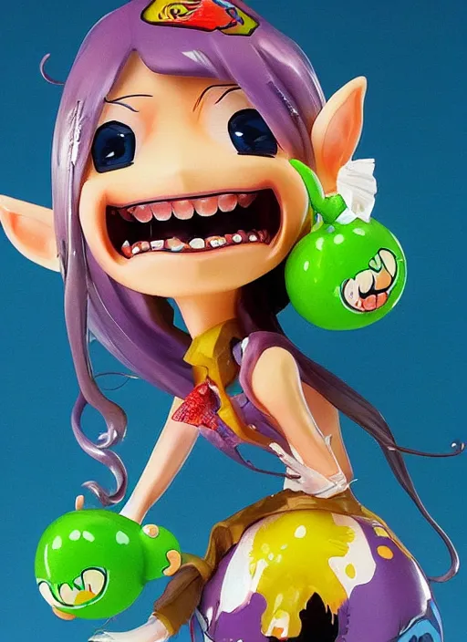 Prompt: a lifelike oil painting of an anime girl figurine caricature with a big dumb grin featured on splatoon by arthur szyk made of madballs