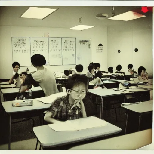 Prompt: a polaroid picture of a classroom in singapore