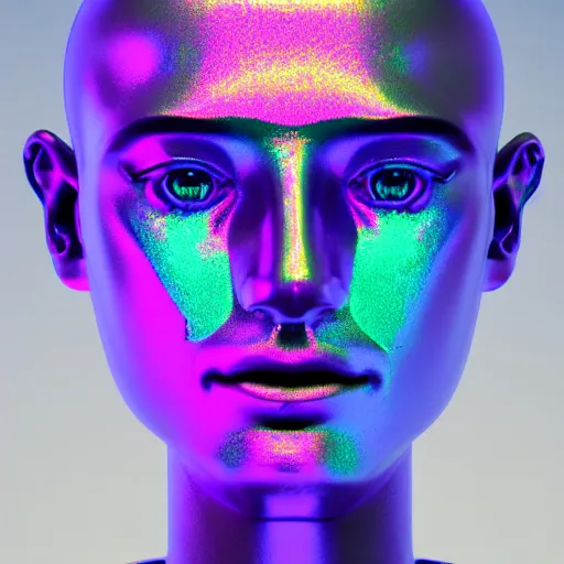 Image similar to 3d render of holographic human robotic head made of glossy iridescent, surrealistic 3d illustration of a human face non-binary, non binary model, 3d model human, cryengine, made of holographic texture, holographic material, holographic rainbow, concept of cyborg and artificial intelligence