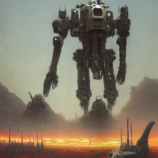 Image similar to detailed giant mech robot with head of anthropomorphic shiba inu, dark fantasy background, intricate, highly detailed, smooth, artstation, painted by wayne barlowe, greg rutkowski, zdislav beksinski, francis bacon