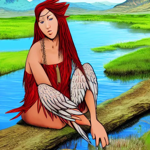 Image similar to Harpy, young woman, red feathered wings, bird legs, wearing Inka clothes, sad expression, sitting at a pond, mountainous area, trees in the background, comic style