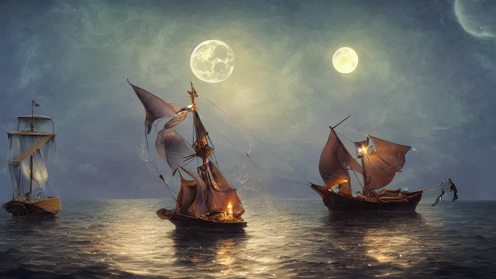 Image similar to a giant anglerfish at the surface of the water meets a sailor with a lantern on a sloop, background with large full moon and purple sky, in the styles of tom coletti, jorge jacinto, and thomas veyrat intricate, accurate details