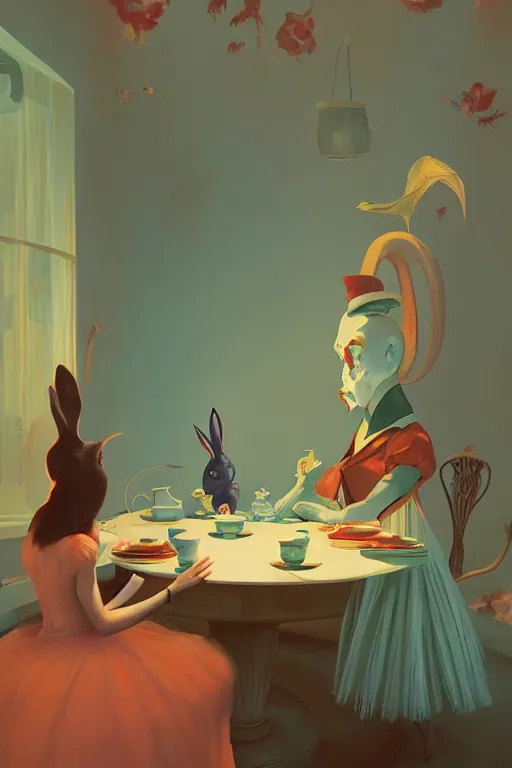 Prompt: Alice portrait tea party with Mr Rabbit in the wonder trash land Edward Hopper and James Gilleard, Zdzislaw Beksisnski, higly detailed