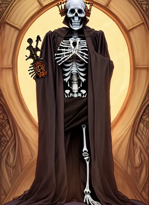 Prompt: undead skeleton king, wearing an academic gown, tarot card, highly detailed, deep focus, elegant, digital painting, smooth, sharp focus, illustration, ultra realistic, 8 k, art by artgerm and alphonse mucha and greg rutkowski