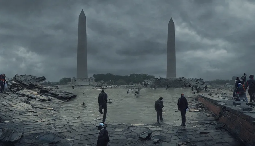 Image similar to men exploring destroyed collapsed washington monument, cloudy day, water, hyperdetailed, artstation, cgsociety, 8 k