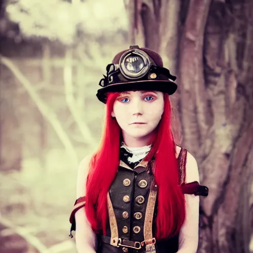 Prompt: photo of a ten year old girl in steampunk fashion taken by wes anderson, steampunk, red hair, freckles