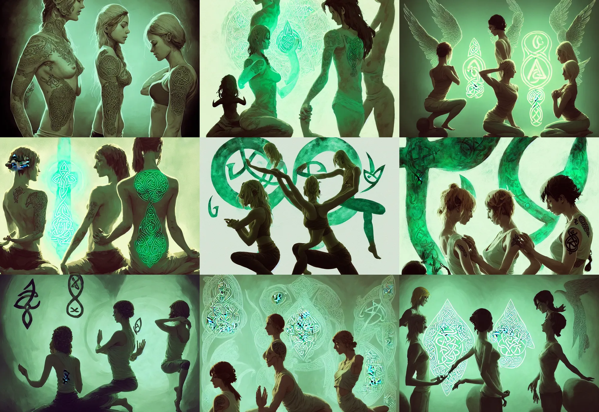 Prompt: two angelic yoga instructors in studio covered with celtic rune tattoos, fantasy, by atey ghailan, by greg rutkowski, by greg tocchini, by james gilleard, by joe gb fenton, by in kaethe butcher, dynamic lighting, gradient light green, brown, blonde cream and white color in scheme, grunge aesthetic