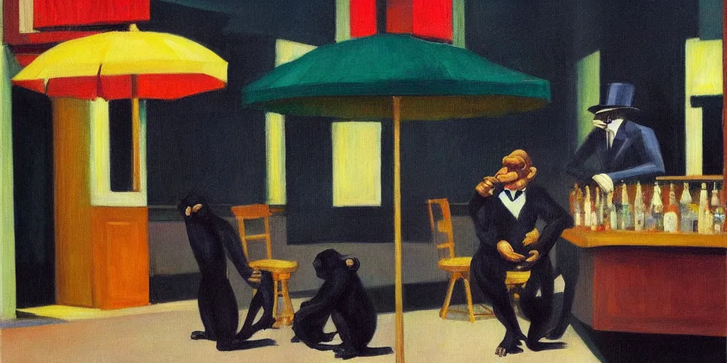 Image similar to Painting in the style of Edward Hopper featuring a chimp sitting at a bar, wearing a suit and a hat, smoking a cigar and drinking whisky. Rainy weather