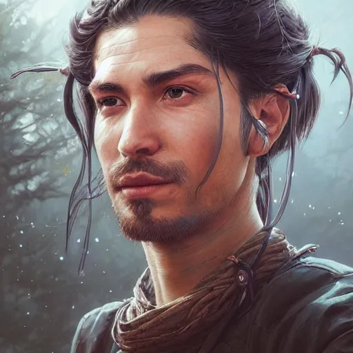 Image similar to Hyper realistic detailed portrait of Kurdish samurai, Stephen Bliss, unreal engine, fantasy art by Greg Rutkowski, Loish, Rhads, ferdinand knab, Makoto Shinkai and Lois van baarle, ilya kuvshinov, rossdraws, Tom Bagshaw, alphonse mucha, global illumination, radiant light, detailed and intricate environment, highly detailed, award winning art