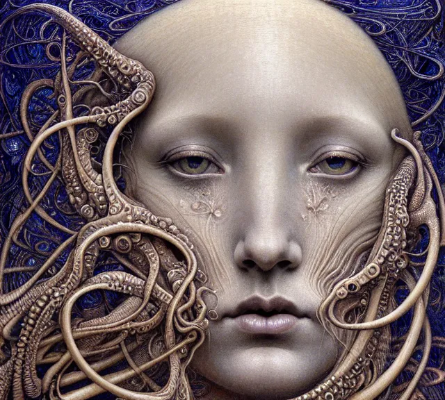 Prompt: detailed realistic beautiful moon goddess face portrait by jean delville, gustave dore, iris van herpen and marco mazzoni, art forms of nature by ernst haeckel, art nouveau, symbolist, visionary, gothic, neo - gothic, pre - raphaelite, fractal lace, intricate alien botanicals, ai biodiversity, surreality, hyperdetailed ultrasharp octane render