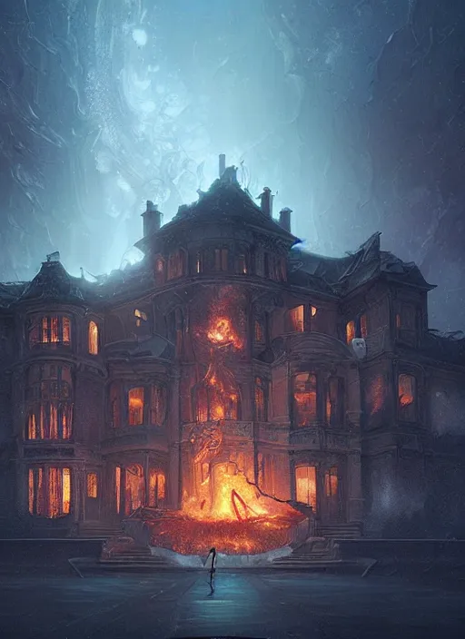 Image similar to azathoth destroying a glowing mansion in burning vapor dramatic lighting fantomatic head and faces floating catching fire, artstation, matte painting, bastien lecouffe deharme, aykut aydogdu, allen williams, artem chebokha