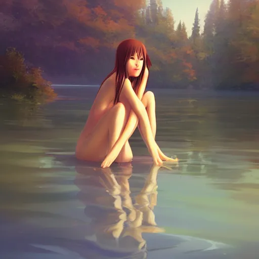 Image similar to woman sitting with her feet in a lake, beautiful and relaxing, very very very long hair, Makoto Shinkai ilya kuvshinov and Wojtek Fus