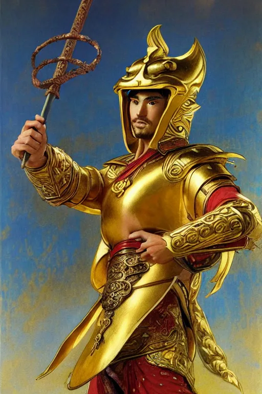 Image similar to tales of earthsea, attractive male with golden armor, ming dynasty, character design, painting by gaston bussiere, craig mullins, j. c. leyendecker, tom of finland