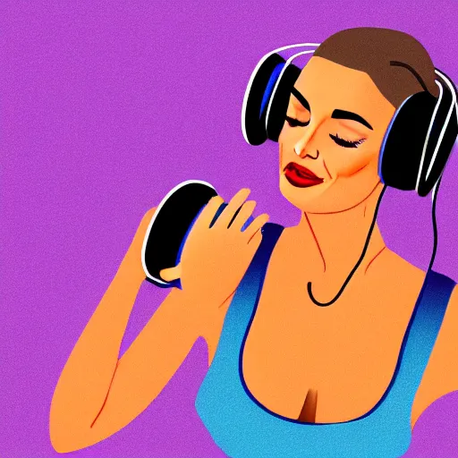 Prompt: a realism illustration of a beautiful woman with headphones dancing