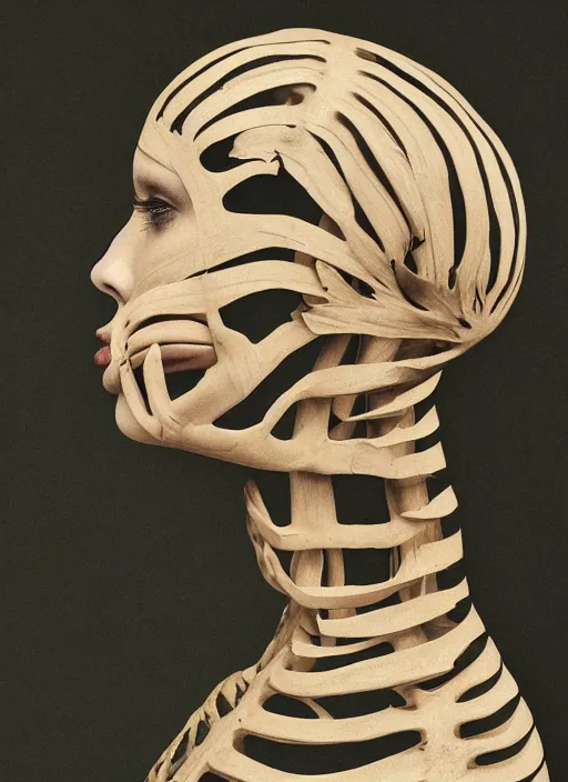 Prompt: a womans face in profile made of monstera leaves skeleton in the style of the dutch masters and gregory crewdson dark and moody