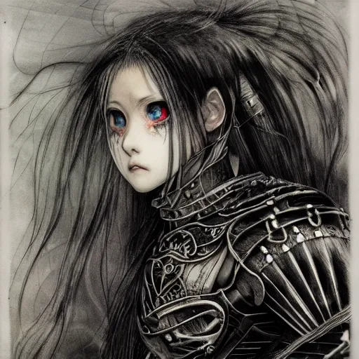 Image similar to Yoshitaka Amano realistic illustration of an anime girl with black eyes, wavy white hair fluttering in the wind and cracks on her face wearing Elden ring armour with engraving, abstract black and white patterns on the background, noisy film grain effect, highly detailed, Renaissance oil painting, weird portrait angle, blurred lost edges, three quarter view