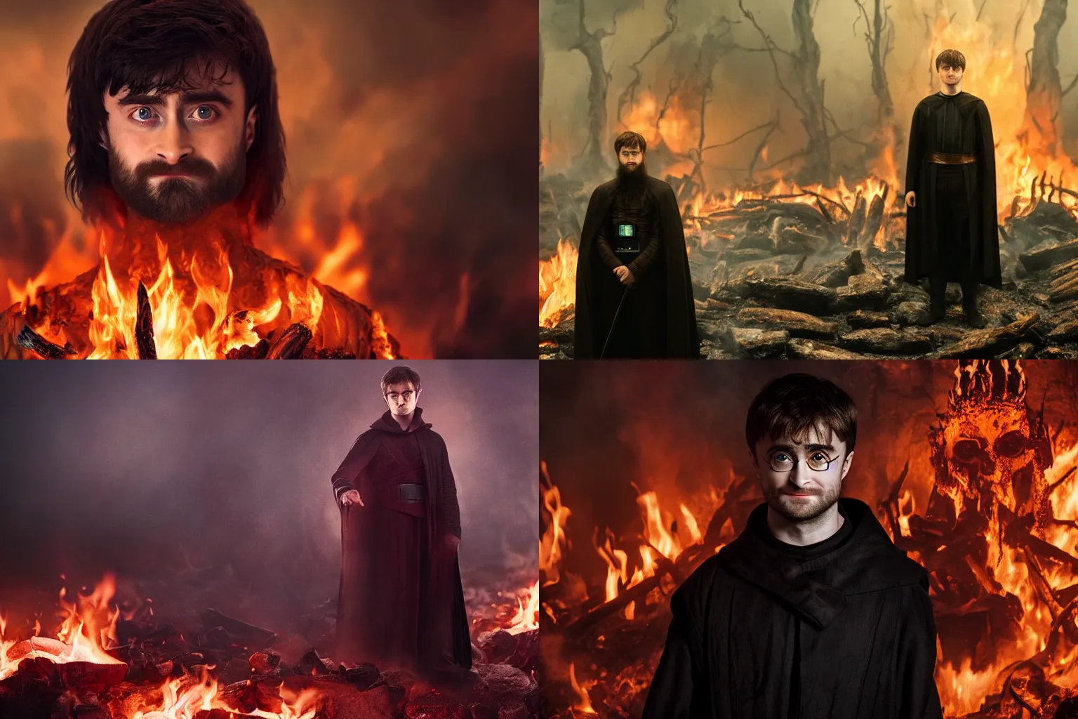 Prompt: Daniel Radcliffe as The Emperor from Star Wars wearing glasses, standing in hell surrounded, by fire and flames and demons and smoke and brimstone, volumetric fog, portrait photography, depth of field, bokeh