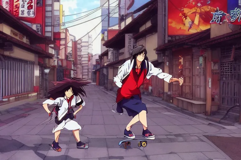 Prompt: a beautiful anime of conan running towards freedom on a skateboard on the streets of beikacho, tokyo, anime, japan, by aoyama gangchang.