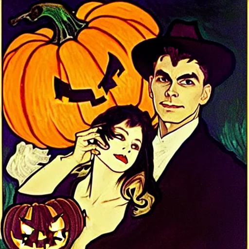 Image similar to painting of handsome young beautiful jeff and gorgeous rina together at the jack o'lantern halloween party, elegant, clear, painting, stylized, art, art by alphonse mucha, vincent van gogh, egon schiele,