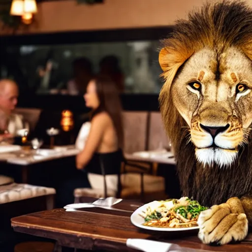 Image similar to a lion sitting at a restaurant eating dinner