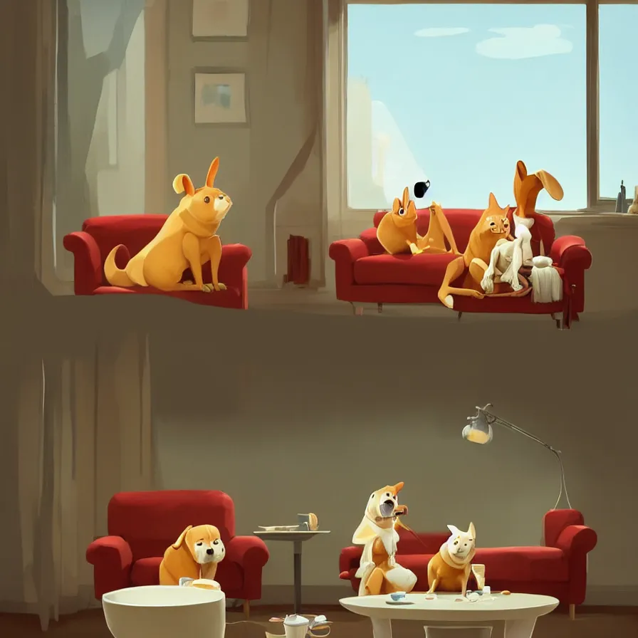 Image similar to Goro Fujita illustrating A dog on a sofa staring at the food dish under the window in the living room, art by Goro Fujita, sharp focus, highly detailed, ArtStation