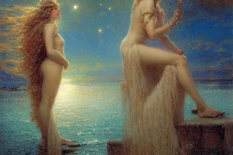 Image similar to portrait of a humanoid personification of the moon, god of the tides. art by gaston bussiere.