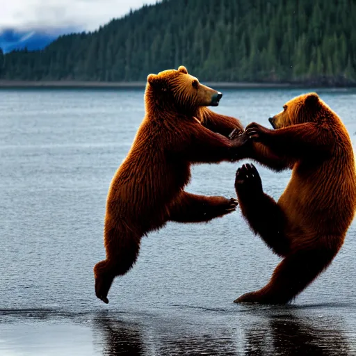 Image similar to kodiak bears kung - fu fighting on a lakefront using salmon as weapons, dusk, 8 k, hdr, cinematic, rule of thirds,