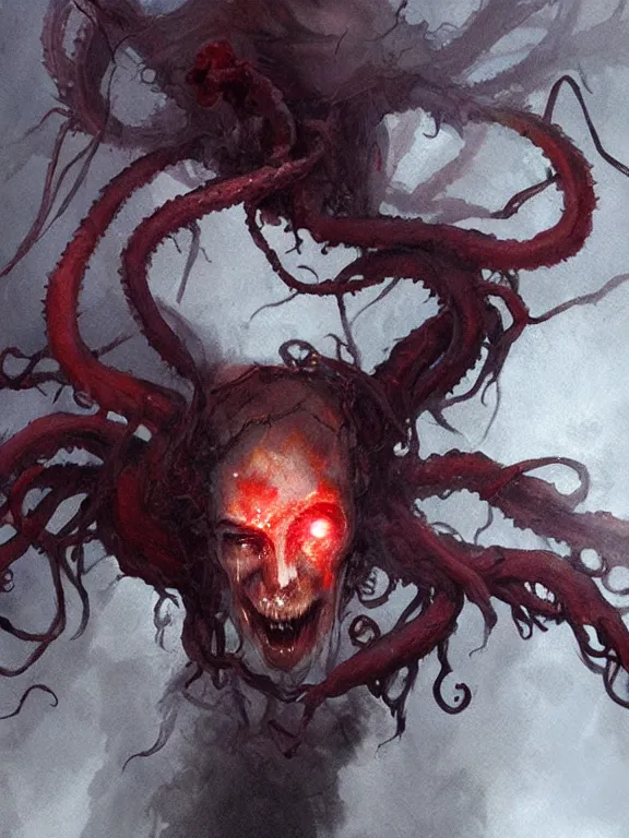 Image similar to painting by greg rutkowski of a flying sorrowful looking human head with tears running down it's eyes, face that is chalk white in color, with long sprawling white tentacles stemming down it's neck, fiery scorching red eyes, flying in a terrying hellish dark cavernous place