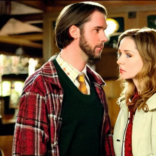 Prompt: 00s photo of a tall guy with dark blond bun (hairstyle) dating a blond girl in an old restaurant, Gilmore girls aesthetic